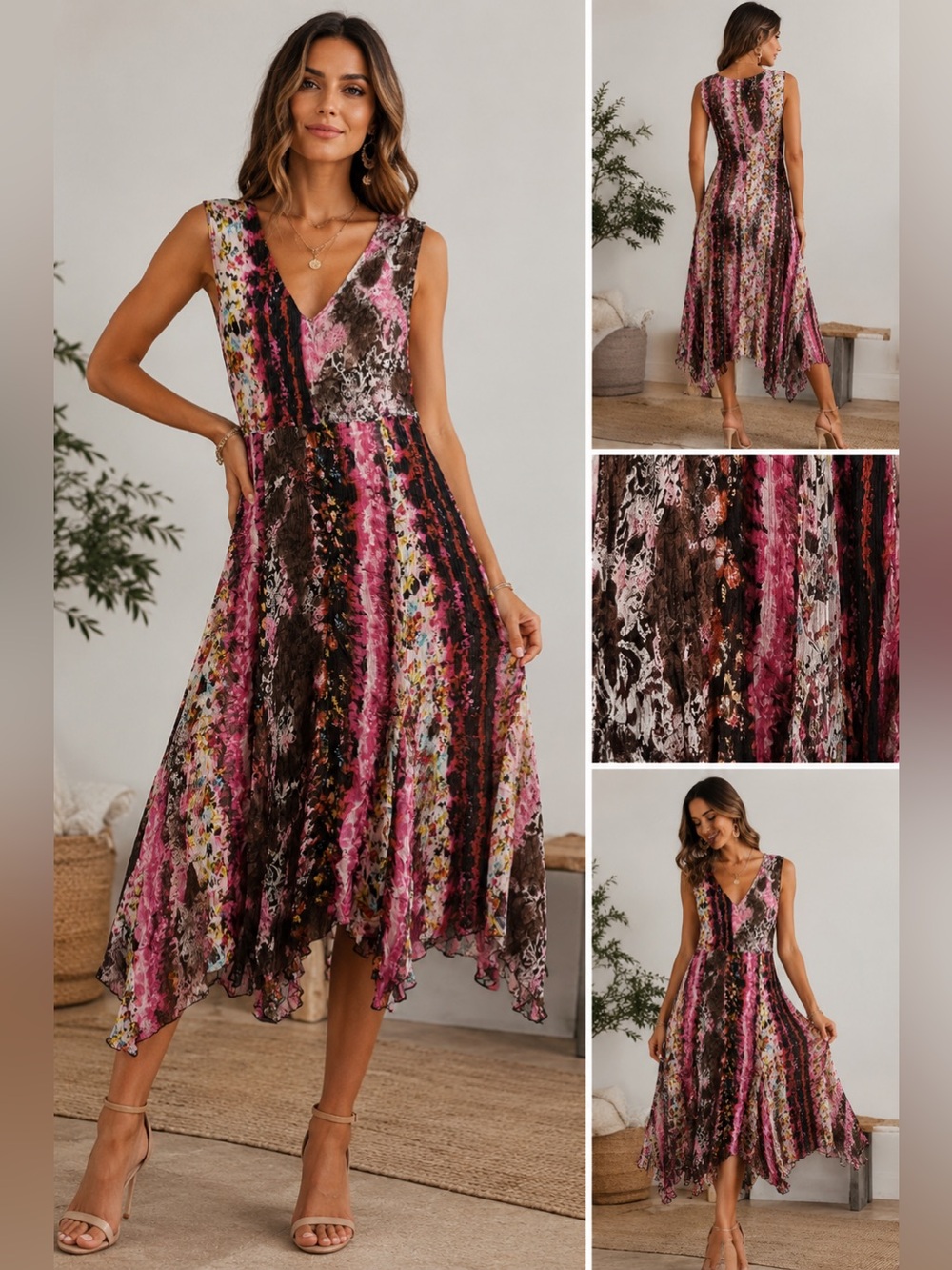 Alberto Makali Sleeveless Crinkle Floral Handkerchief Hem Midi Dress Pink Boho